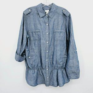 Chicos Chambray Linen Blend Peplum Button Front Shirt 2 L 12 Blue Military Style